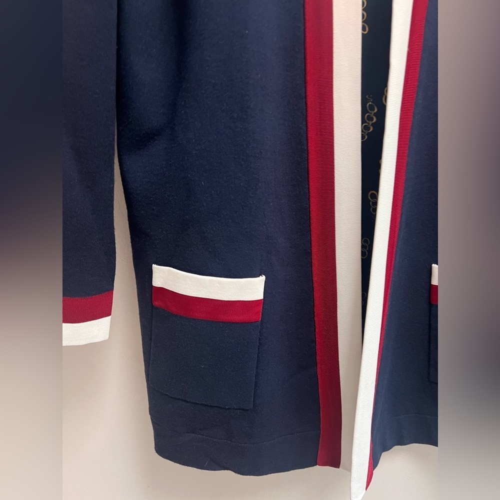 SANDRO PARIS Womenโs Navy Anouchica Open-Front Collegiate-Style Cardigan - Large - Picture 10 of 11